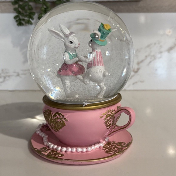 Pink Tea Cup & Saucer Easter Rabbit Snow Globe - Picture 4 of 4